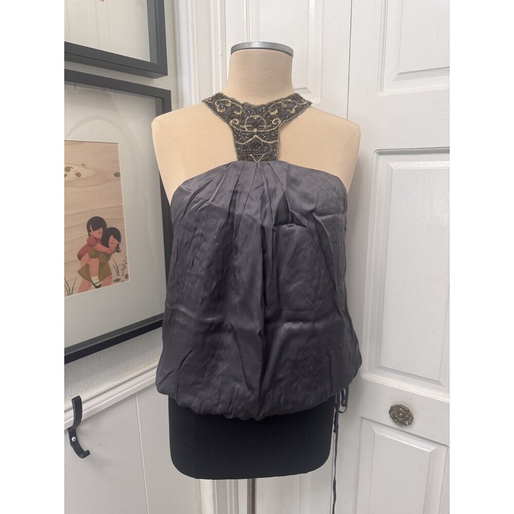 Halter Top 100% Silk Beaded Embellished Lace Fairy Dressy Tie Waist Tank Sm